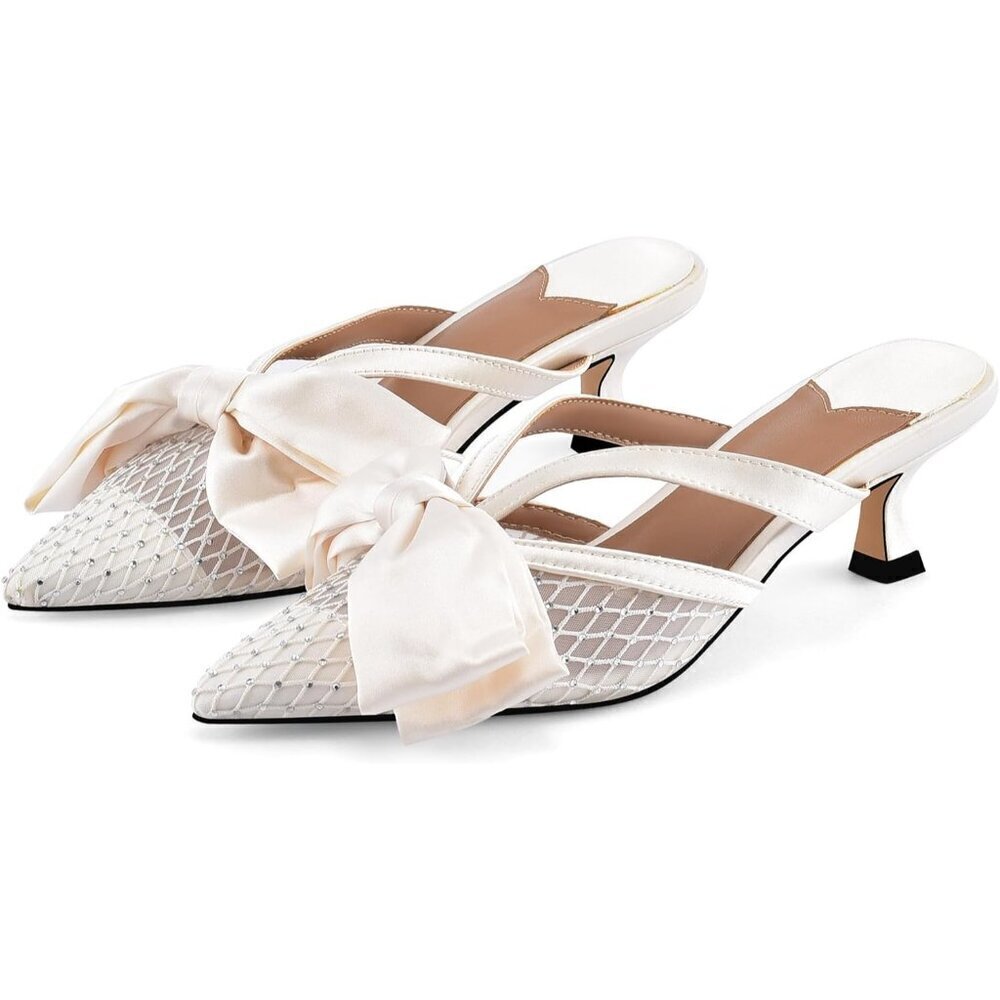🆕Women White Faux Leather Heeled Mules Kitten Heel Pointed Toe Mesh Bow Sandals